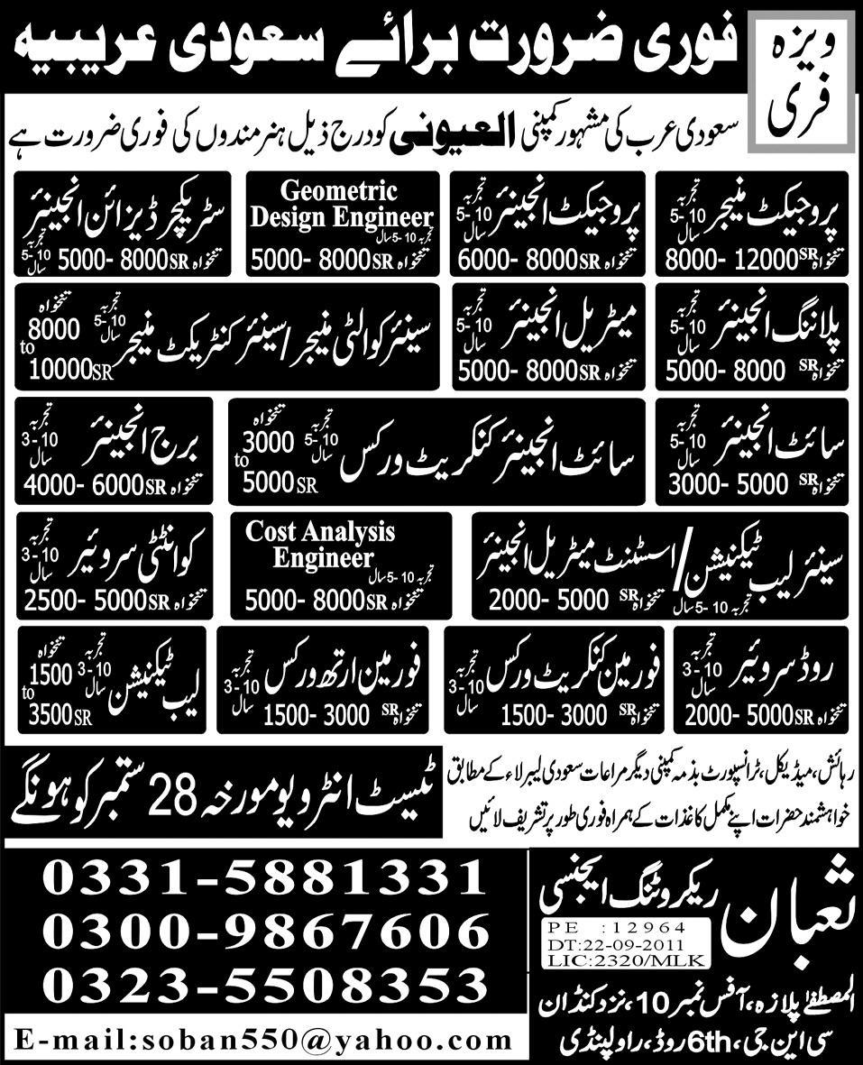 Urgently Required For Saudi Arabia