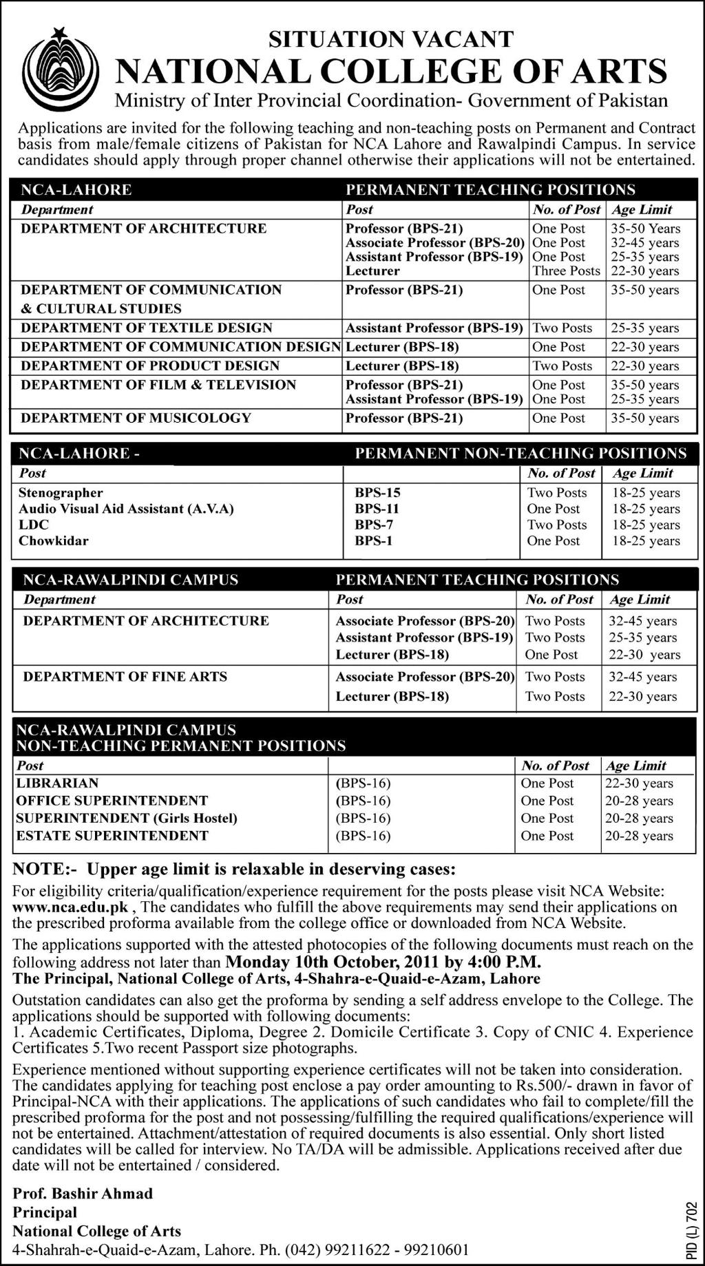 Faculty and Admin Staff Required by National College of Arts