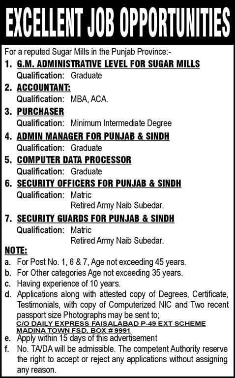 Suger Mills in the Punjab Province Required Staff