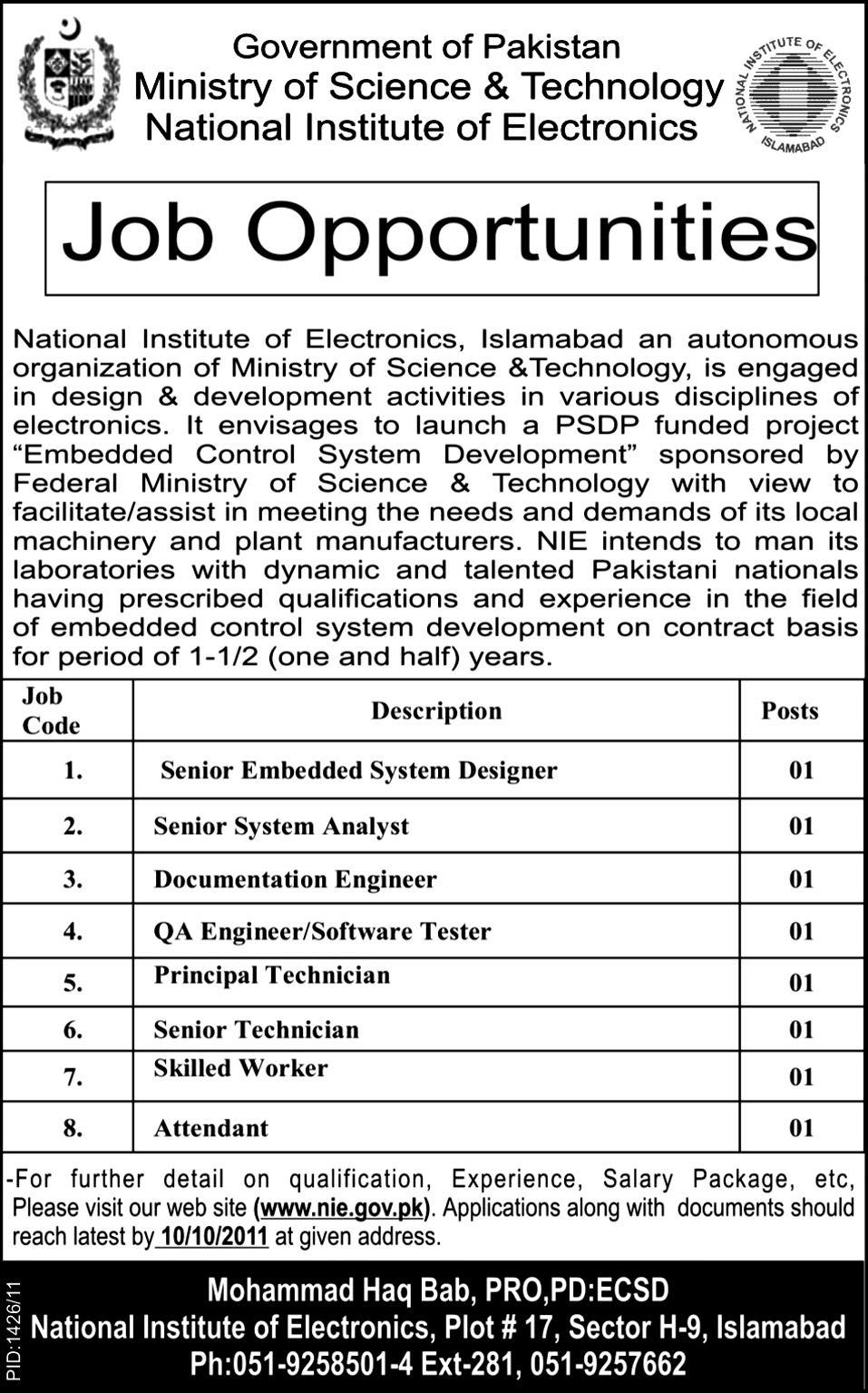 Ministry of Science & Technology, Government of Pakistan Job Opportunities