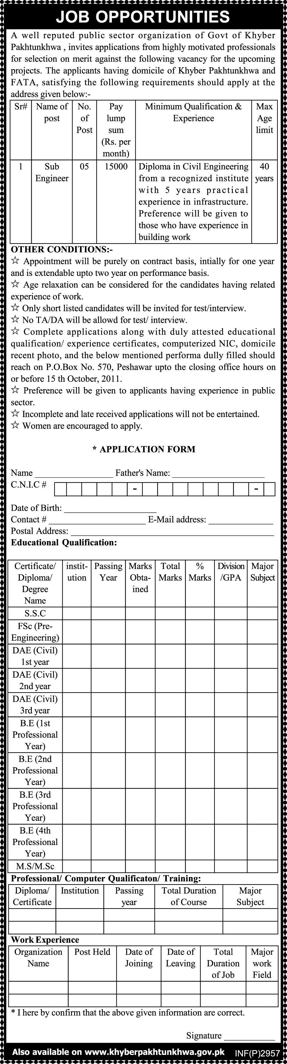 Sub Engineer Required by the Public Sector Organization of Govt of Khyber Pakhtunkhwa
