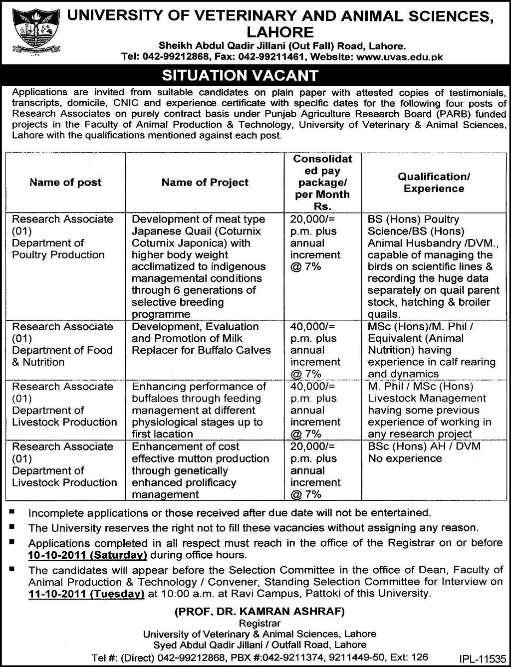 Research Associates Required by University of Veterinary and Animal Science,  Lahore