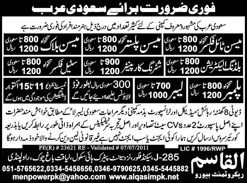 Urgently Required For Saudi Arabia