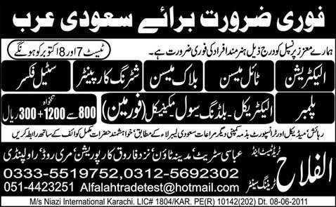 Urgently Required For Saudi Arabia