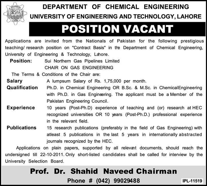 Department of Chemical Engineering Position Vancant