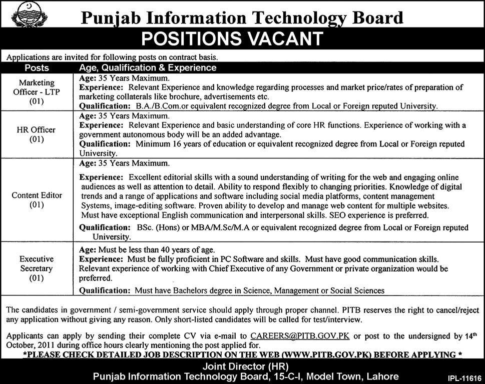 Punjab Information Technology Board Positions Vacan
