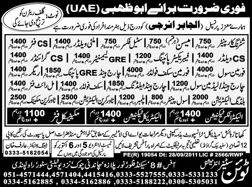 Urgently Required For Abu Dhabi UAE