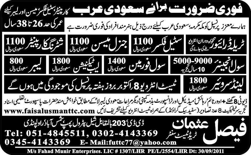 Urgently Required For Saudi Arabia