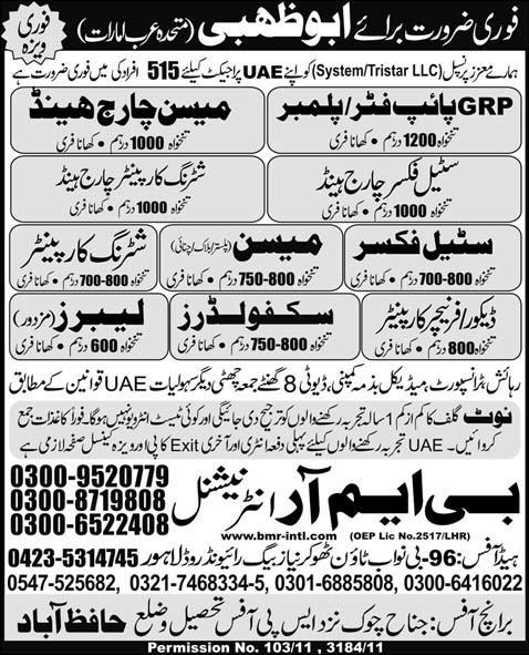 Urgently Required For Abu Dhabi