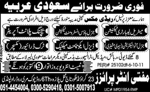 Urgently Required For Saudi Arabia