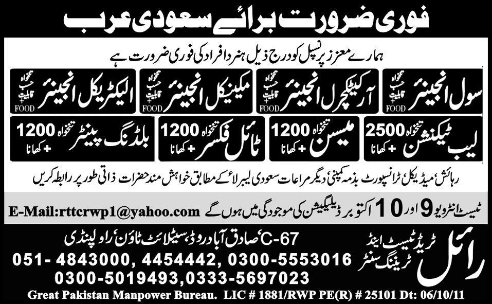 Urgently Required For Saudi Arabia