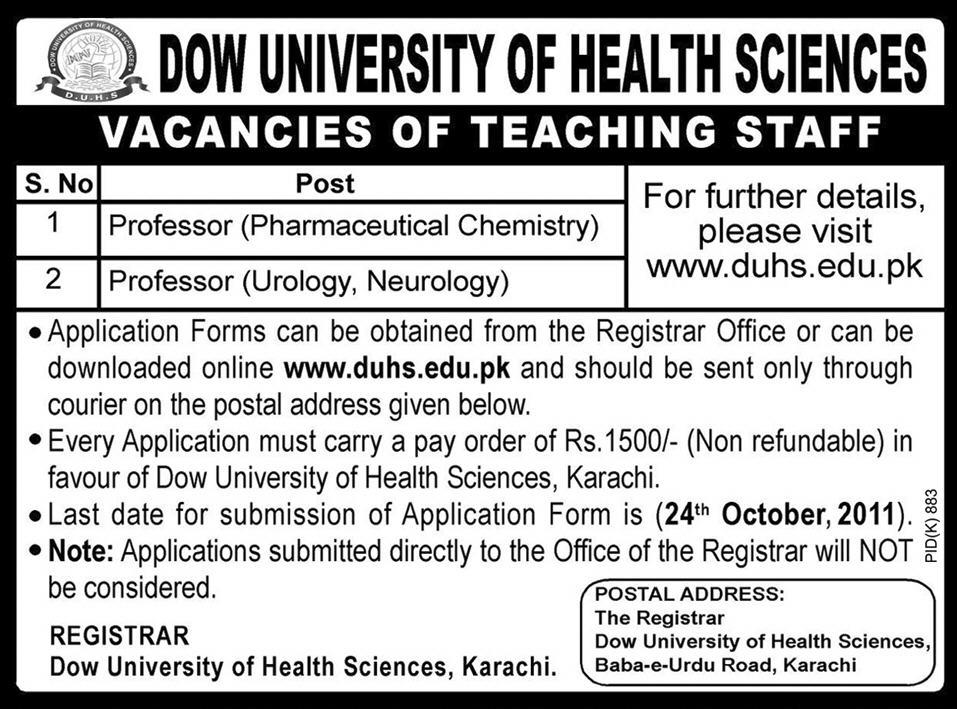 DOW University of Health Sciences Vacancies for Teachers