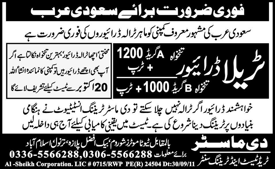 Urgently Required For Saudi Arabia