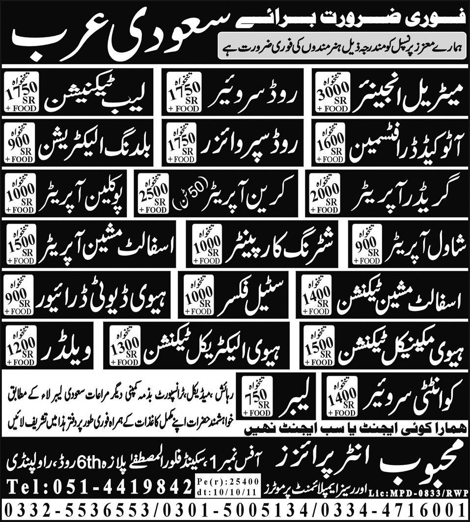 Urgently Required For Saudi Arabia