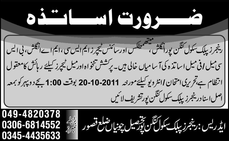 Rangers Public School Required Teachers