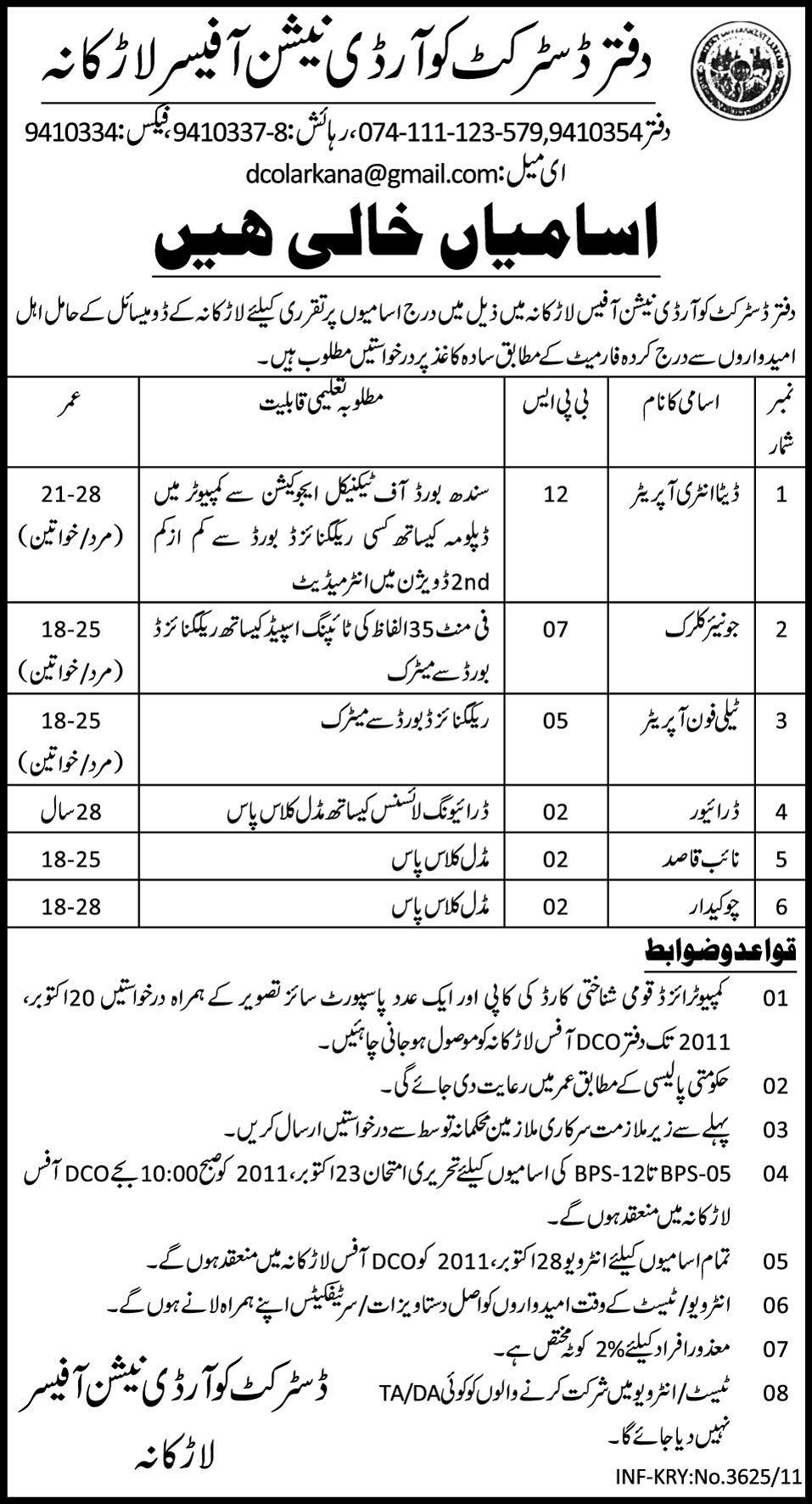 Position Vacant in the Office of DCO Larkana