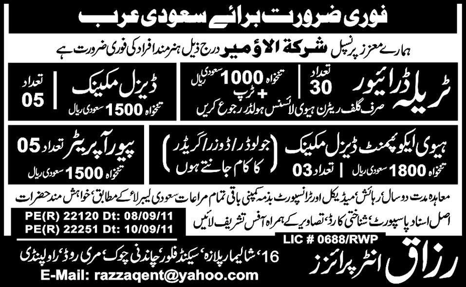 Urgently Required For Saudi Arabia