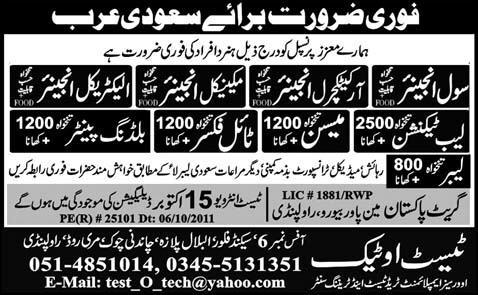 Urgently Required For Saudi Arabia