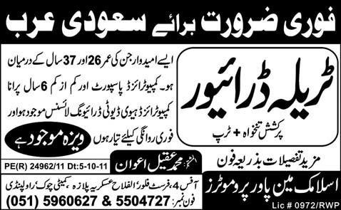 Urgently Required For Saudi Arabia