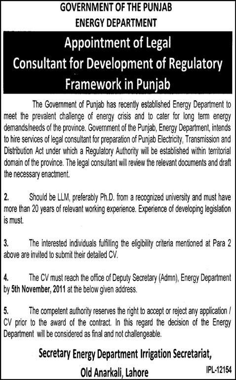Legal Consultant Required For Development of Regulatory Framework in Punjab