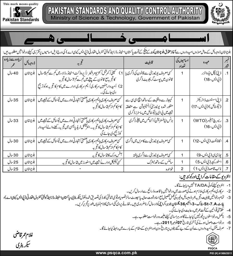 Pakistan Standards and Quality Control Authority, Jobs Opportunities