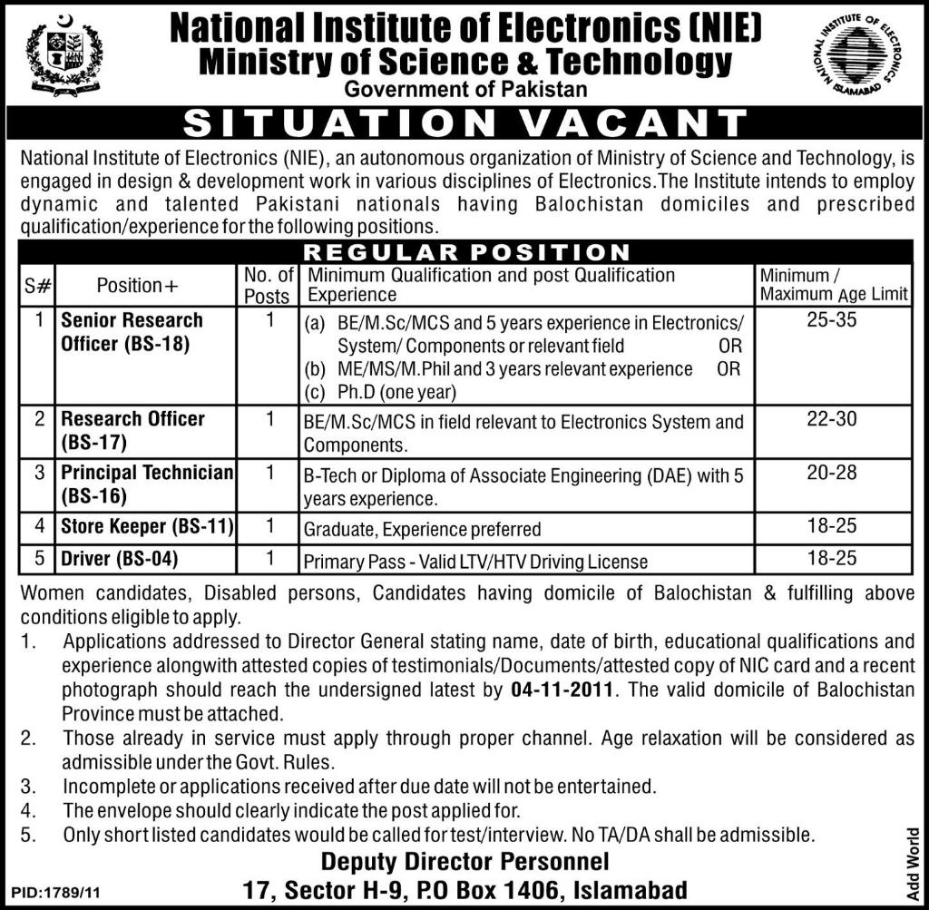 National Institute of Electronic (NIE) Ministry of Science & Technology Situation Vacant