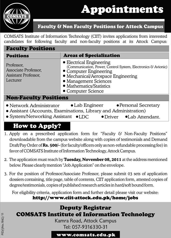 COMSATS Required Faculty & Non-Faculty Positions For Attock Campus
