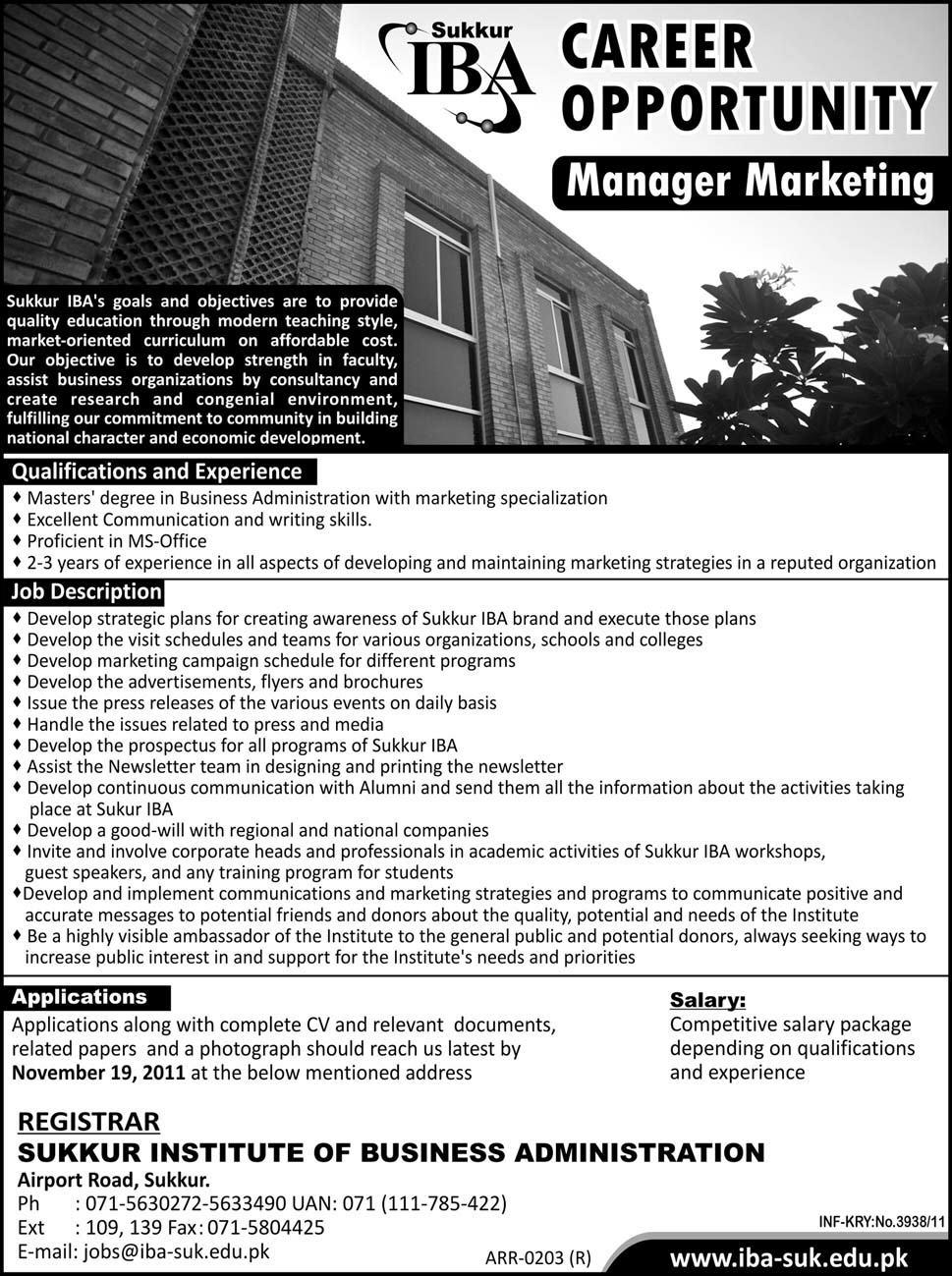 IBA Sukkur Required the Services of Manager Marketing