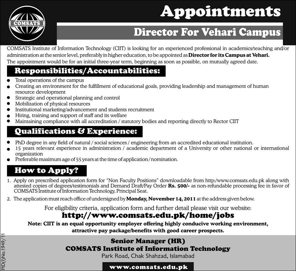 COMSAT Required the Services of Director for Vehari Campus