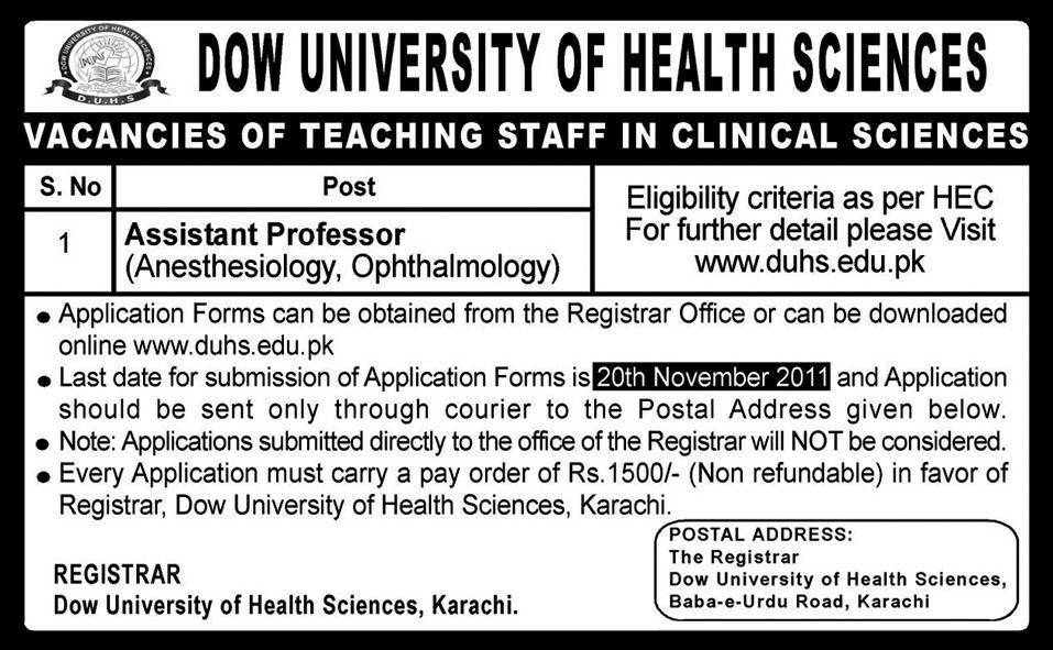 DOW University of Health Sciences Required Teaching Staff in Clinical Sciences