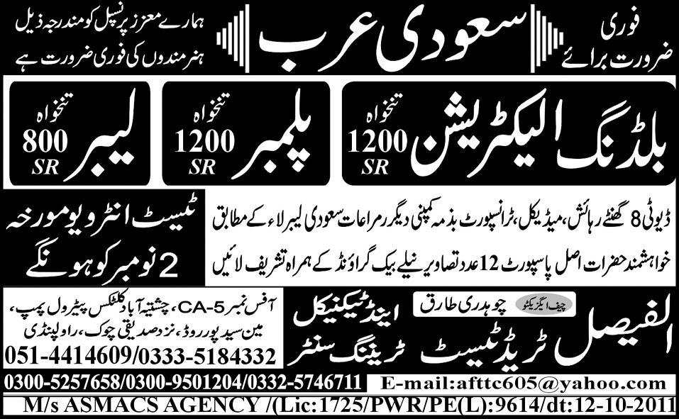 Electrician, Plumber and Labor Jobs in Saudi Arabia