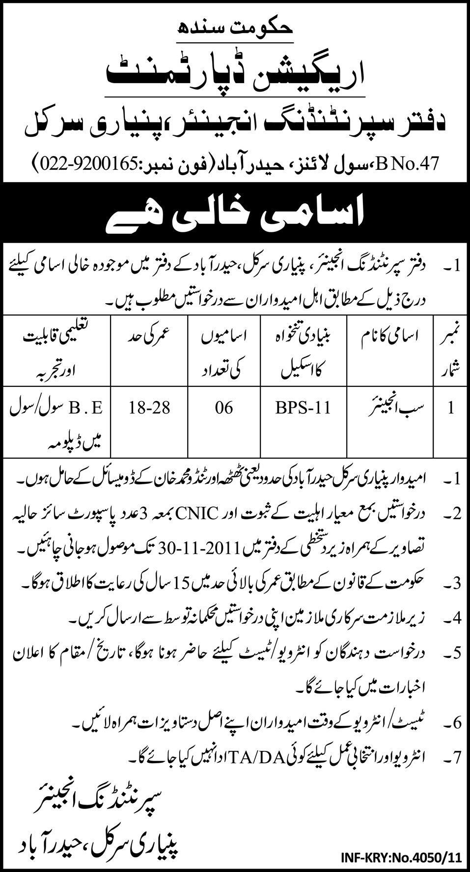 Sub Engineer Required by Irrigation Department, Government of Sindh