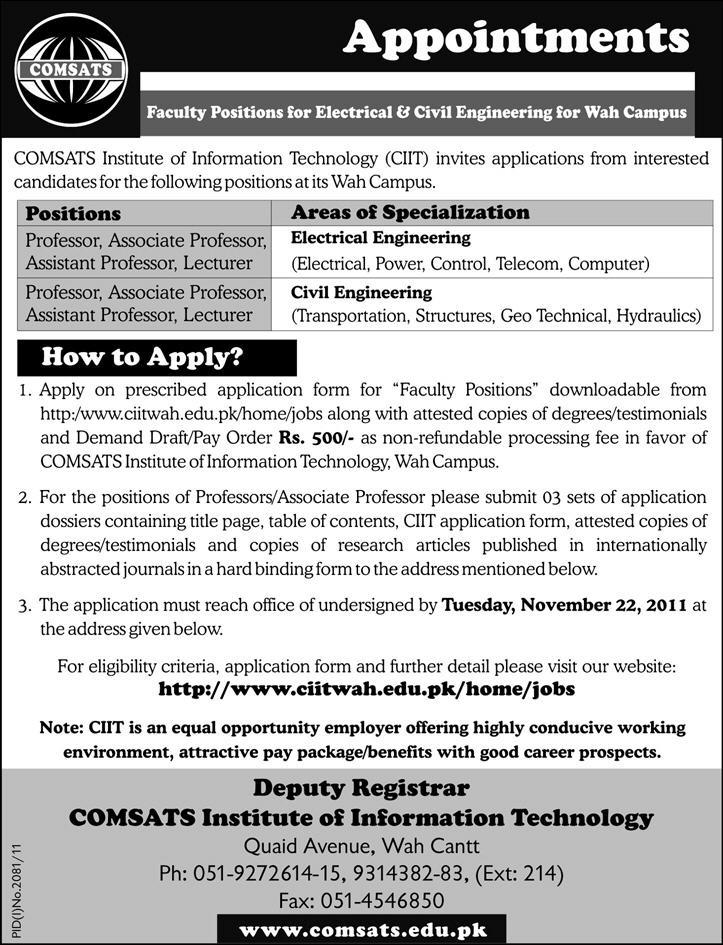 COMSATS Required Faculty for Electrical & Civil Engineering Departmenst, For Wah Campus