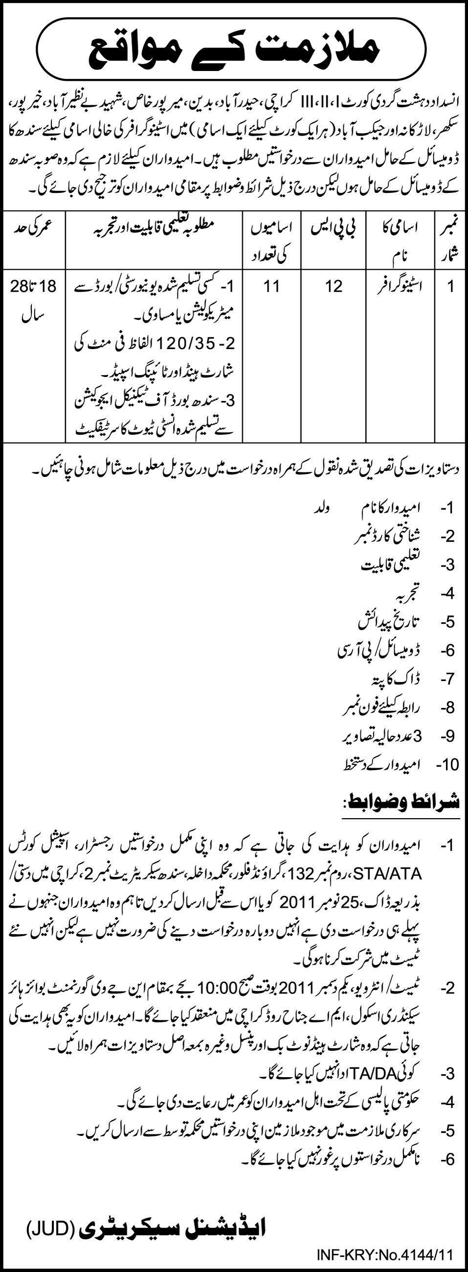 Stenographers Required for  the Anti Terrorist Court  I,II,III Sindh