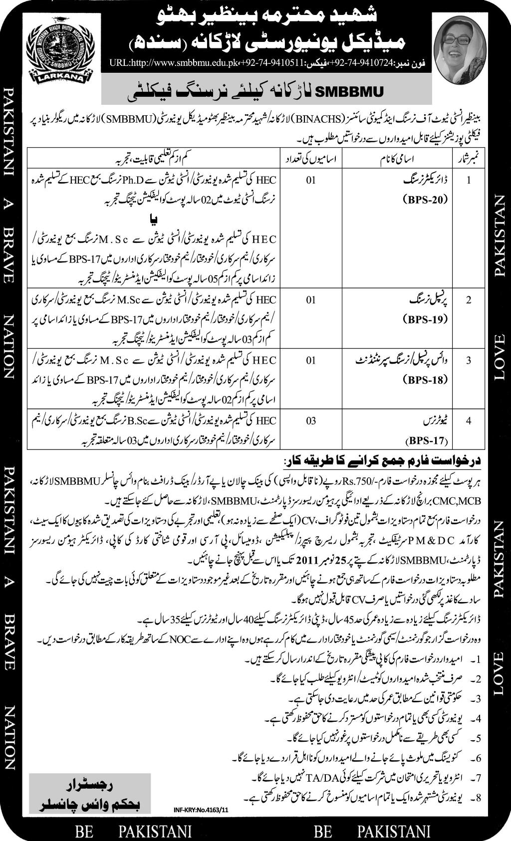 Shaheed Muhtarma Benazir Bhutto Medical University (SMBBMU) Larkana Sindh, Jobs Opportunity