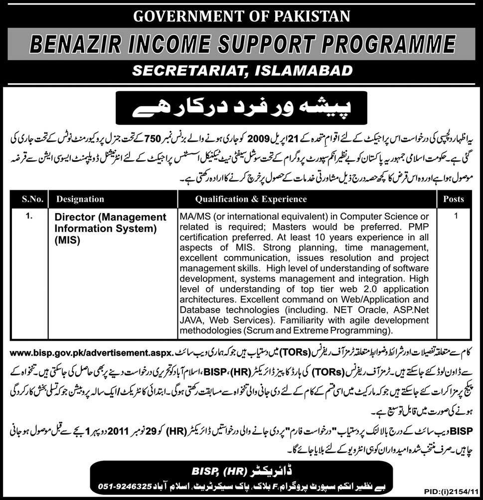 Benazir Income Support Programme Required Director (MIS)