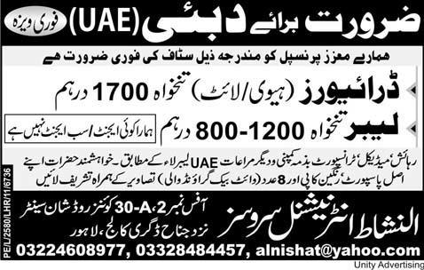 Driver and Labor Required for Dubai
