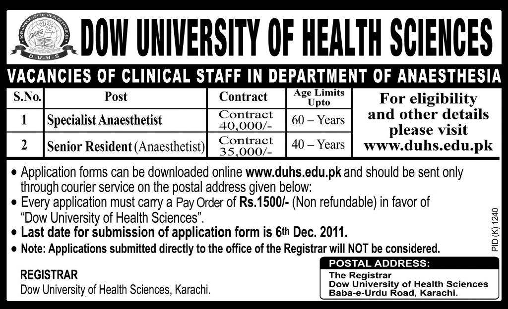 DOW University of Health Sciences Required Clinical Staff