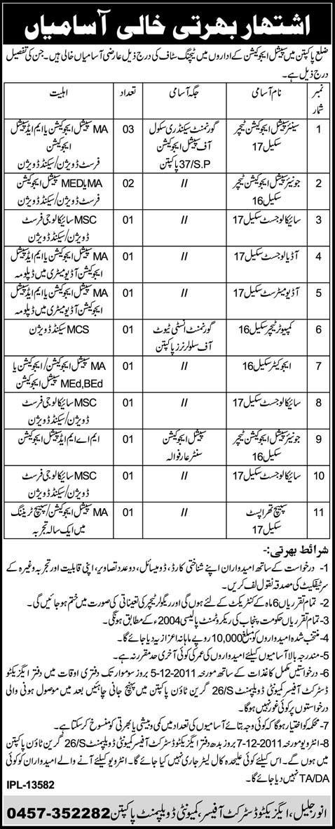Special Education Teachers Required by Local Government Pakpattan