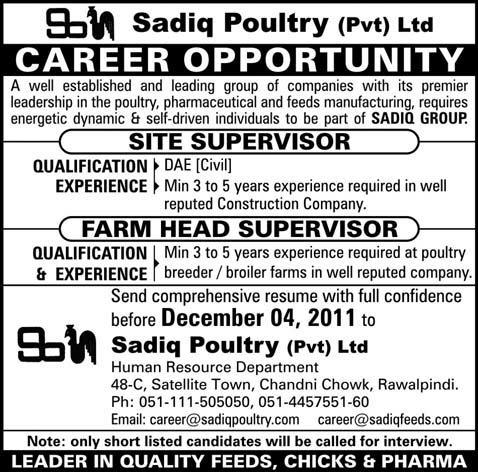 Sadiq Poultry Pvt Ltd. Required Site Supervisor and Farm Head Supervisor