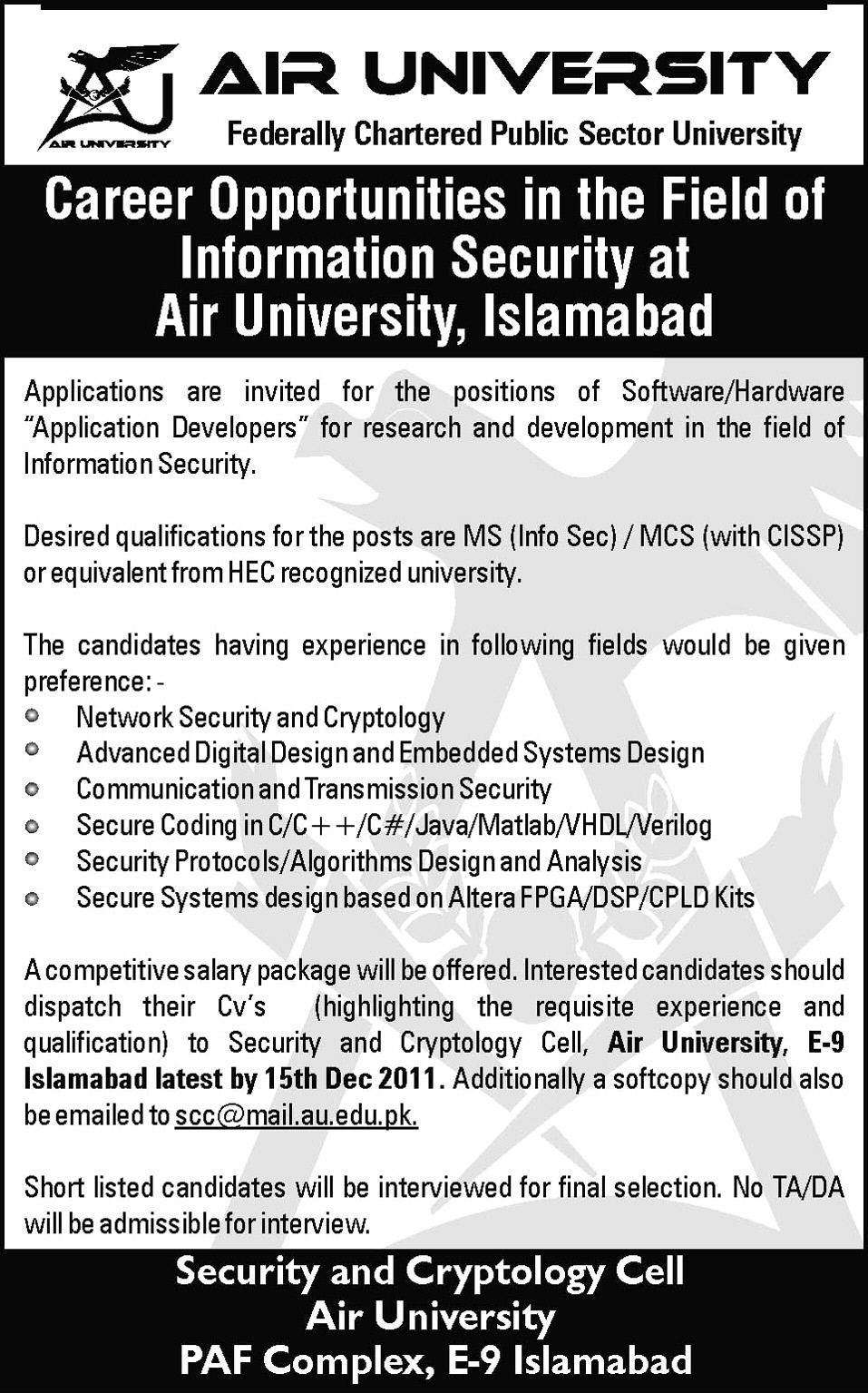 Air University Islamabad Jobs Opportunity