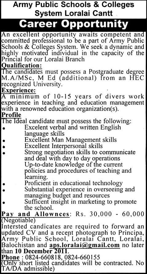 Army Public Schools & Colleges System Loralai Cantt Job Opportunities