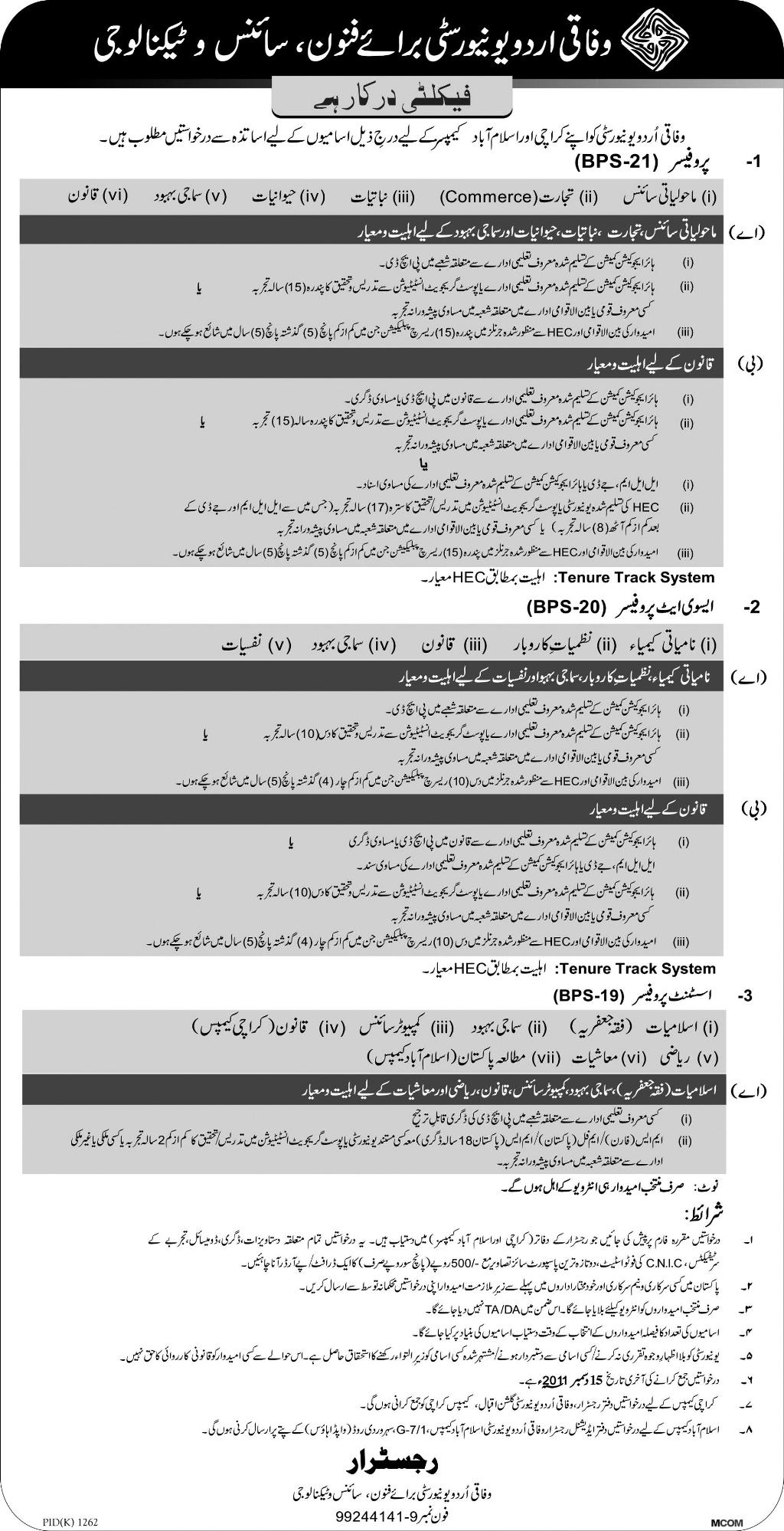 Federal Urdu University Required Faculty