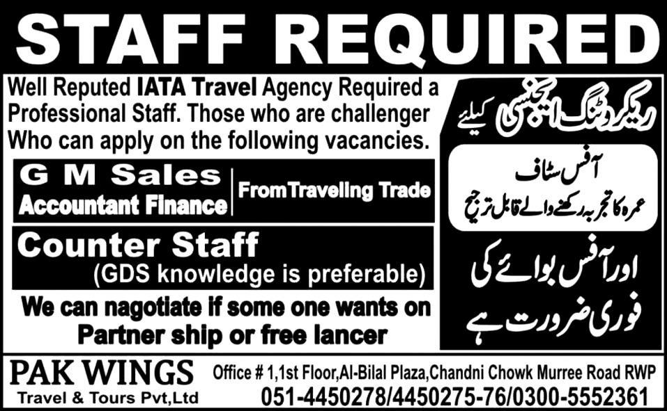 IATA Travel Agency Rawalpindi Required Staff