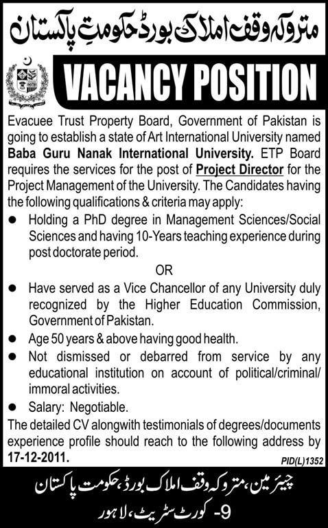 Project Director Required by Baba Guru Nanak International University