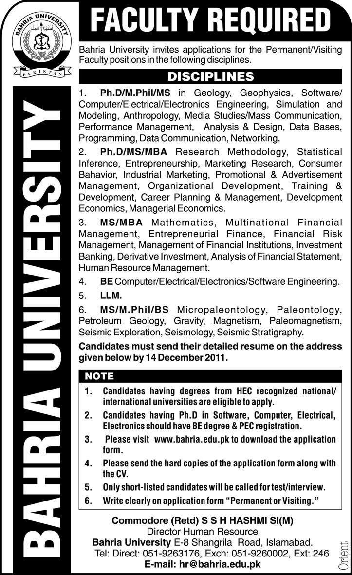 Bahria University Pakistan Required Faculty for Various Department