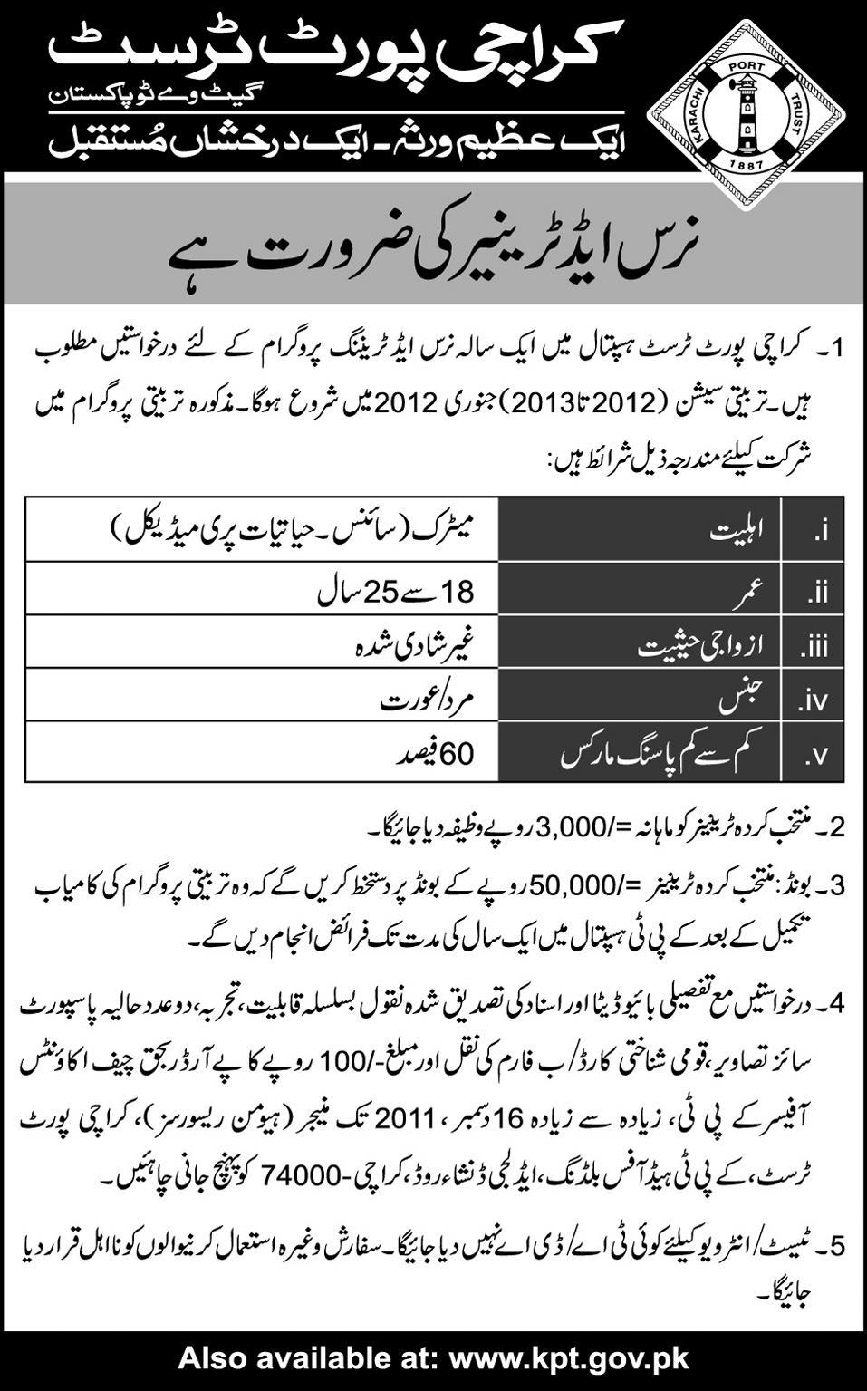 Karachi Port Trust Required Nurse Aid Trainees