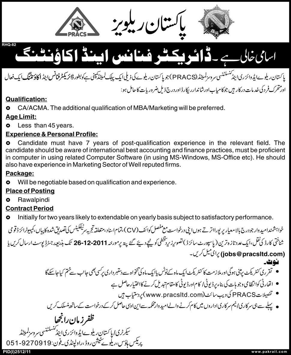 Director Finance and Accounting Required by Pakistan Railways