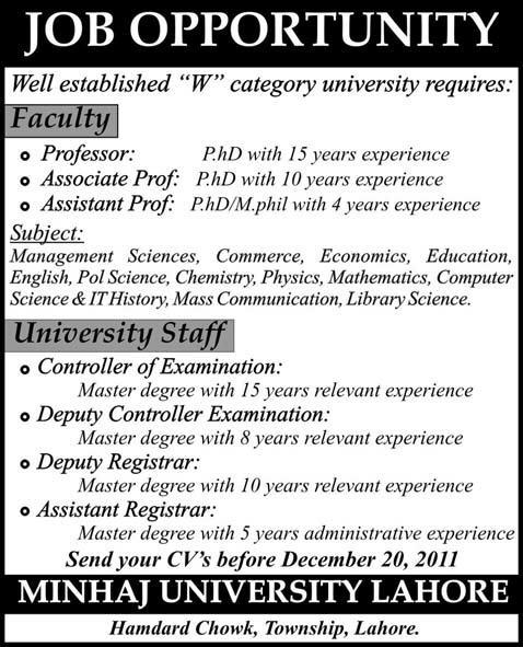 Teaching Faculty and Admin Staff Required MINHAJ University Lahore