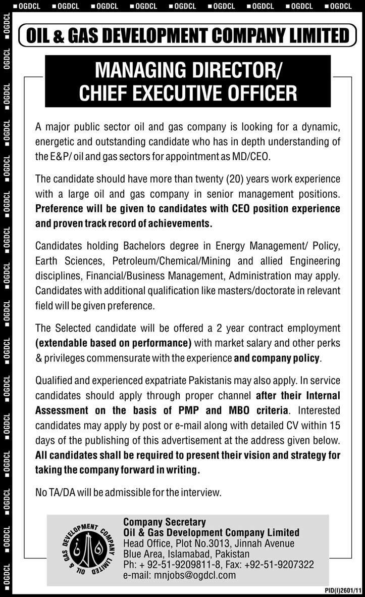 Oil and Gas Development Company Limited Required the Service of Managing Director/Chief Executive Officer